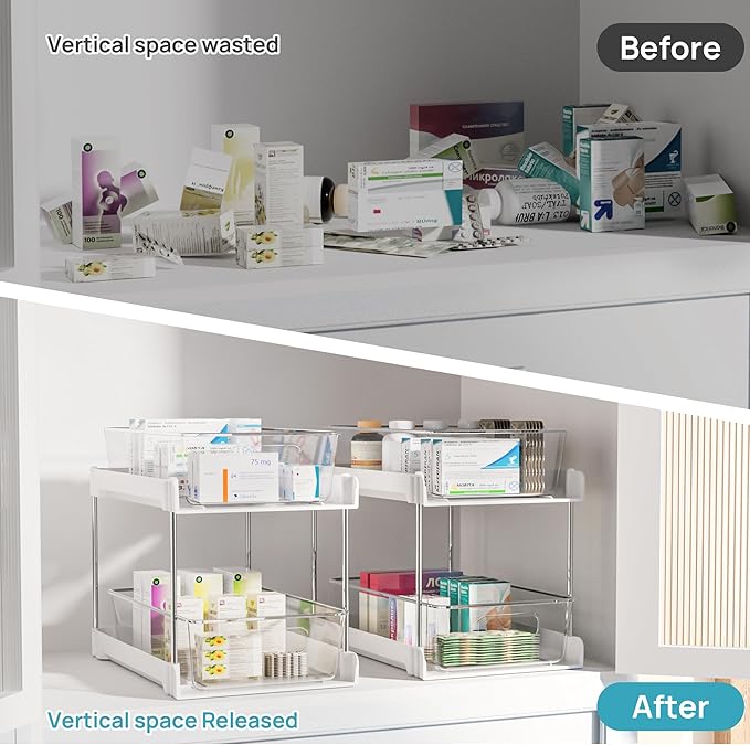 Vtopmart 4 Pack Bathroom Organizer, 2 Tier White Under Sink Organizers Vanity Countertop Storage Container,Cabinet Drawers Bins, Pull-Out Organization with Track for Pantry, Kitchen-NeatNest