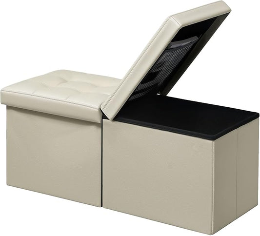 AmasSmile Footrest Ottoman Bench with Storage,34Inch Beige Leather Footstool, Coffee Table, Padded Seat, Storage Chest,Blanket Store with Flipping Lid for Livingroom and Bedroom
