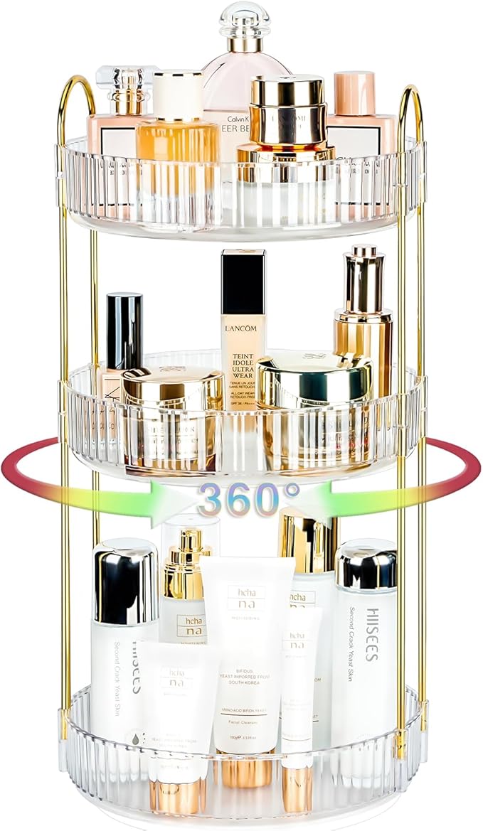 360 Rotating Makeup Organizer for Vanity, Large Capacity Spinning Perfume Organizer, Bathroom Organizer, Cosmetic Skincare Holder Organizer for Countertop (Pearl White, 3 Tier)-NeatNest