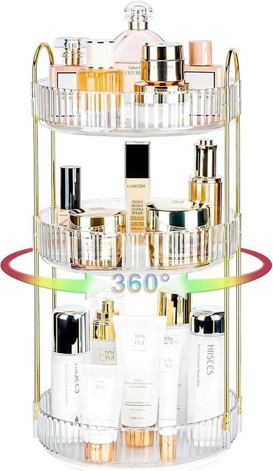 360 Rotating Makeup Organizer for Vanity, Large Capacity Spinning Perfume Organizer, Bathroom Organizer, Cosmetic Skincare Holder Organizer for Countertop (Pearl White, 3 Tier)-NeatNest