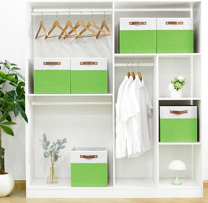 6-Pack Collapsible Fabric Storage Cubes with Handles & Label Holders, Closet Cube Home Organizer Bins (White/Light Green, 13 x 13 x 13 inch)