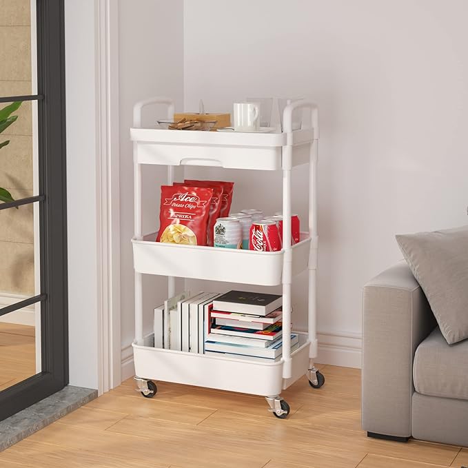 Calmootey 3-Tier Rolling Utility Cart with Drawer,Multifunctional Storage Organizer with Plastic Shelf & Metal Wheels,Storage Cart for Kitchen,Bathroom,Living Room,Office,White-NeatNest