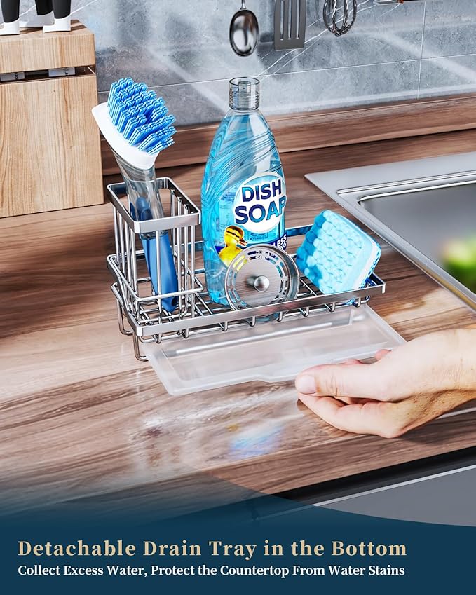Consumest Sink Caddy, Kitchen Sponge Holder with Dish Brush Holder, Kitchen Organizer with Drip Tray for Countertop, Stainless Steel Rustproof - Silver-NeatNest