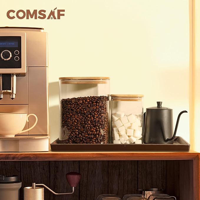 ComSaf Glass Food Storage Containers, 3.6Qt/1.2Qt Glass Flour and Sugar Containers with Airtight Lids, Large Square Jars with Bamboo Lids for Rice, Pasta, Oats, Grains, Cookies, Snacks, Candy-NeatNest