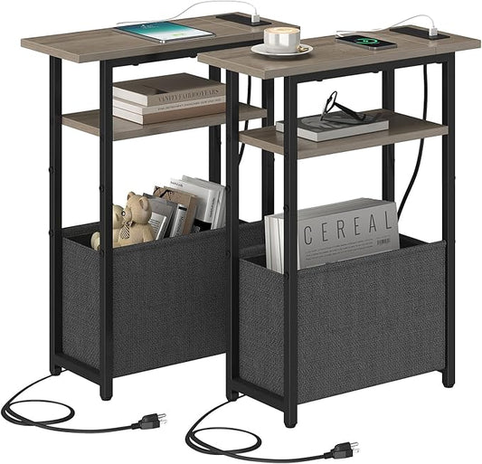 Narrow Side Table with Charging Station Set of 2, Small End Table for Small Spaces, Skinny Nightstands Set 2 with Storage Basket, 3 Tier Sofa Bedside Tables for Living Room,Bedroom, Grey
