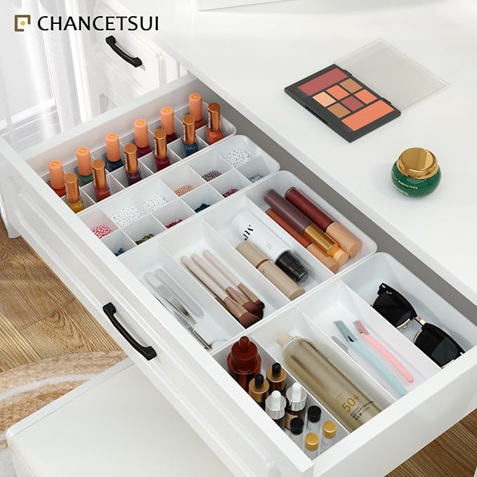 Stackable Drawer Organizer, 3 PCS Versatile Bathroom and Vanity Drawer Organizers Trays Makeup Organization and Storage Set for Lipstick, Lip Gloss, Nail Polish, Cosmetics, Skincare, Jewelry, White-NeatNest