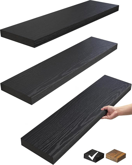 BAYKA Floating Shelves 22.5 inches, Wall Mounted Shelves Rustic Wood for Bathroom, Bedroom, Living Room, Floating Shelves for Books/Storage/Decor with 22lbs Capacity(Satin Black,Set of 3)-NeatNest