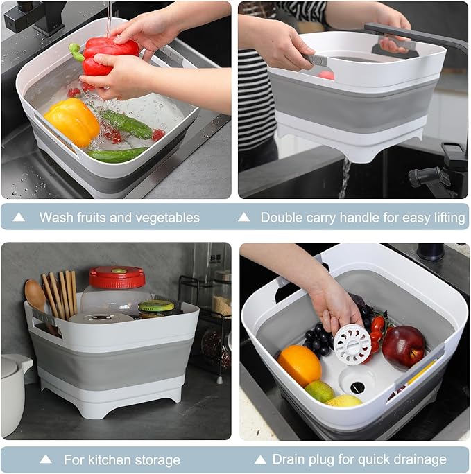 2.4 Gal (9L) Collapsible Wash Basin and Bucket,Folding Dishpan with Drain Plug for Kitchen Sink,5L Portable Foldable Small Bucket for Outdoor Camping Fishing Car Wash(Sets of 2)-NeatNest