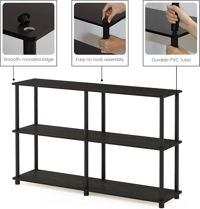 Furinno Turn-N-Tube 3-Tier Double Size Storage Display Rack, Espresso/Black, Plastic Pole 2 x 2