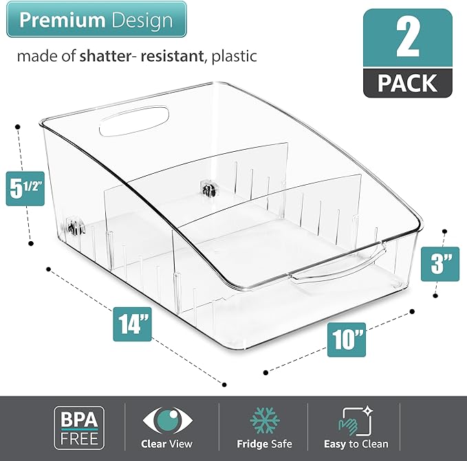 Sorbus Fridge Organizer on Wheels - Rolling Fridge Organizers and Storage Clear Design with Dividers & Handles for Kitchen Organization and Storage - Refrigerator Organizer Bins & Pantry Storage Bins