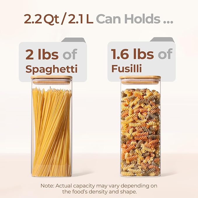 ComSaf 2.2 Qt Rectangle Glass Storage Containers with Lids, Glass Jars with Bamboo Lids, Clear Food Storage Jar, Tall Spaghetti Container, Pantry Storage Container for Pasta Flour Oats Nuts Rice-NeatNest