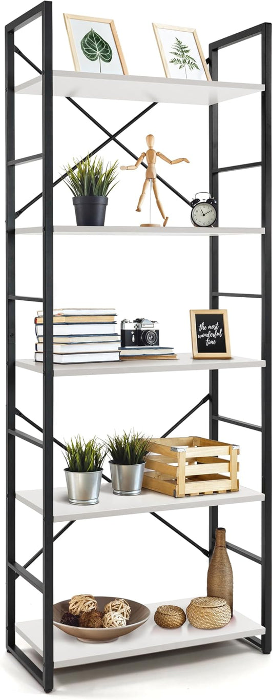 CAPHAUS 5 Tier Bookshelf, 24 Inch Width Free Standing Shelf, Bookcase Shelf Storage Organizer, Industrial Book Shelves for Home Office, Living Room, Kitchen, White Shelves & Metal Frame-NeatNest