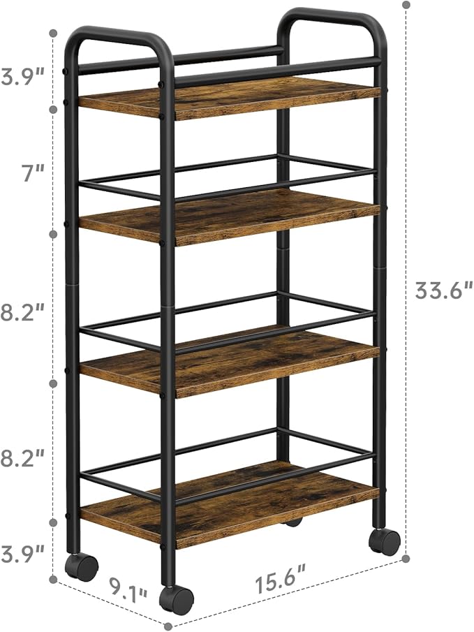 Slim Storage Cart, 4 Tier Small Rolling Bathroom cart Metal and Wood Skinny Utility Cart on Wheels for Narrow Kitchen Laundry Room Rustic Brown