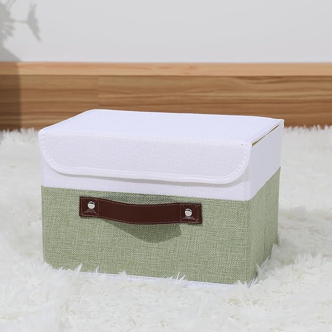ANMINY Storage Boxes with Lids Washable Decorative Storage Bins Basket with PU Leather Handle Foldable Linen Fabric Storage Cubes Containers for Home Closet Organizer - Green White, Small Size-NeatNest