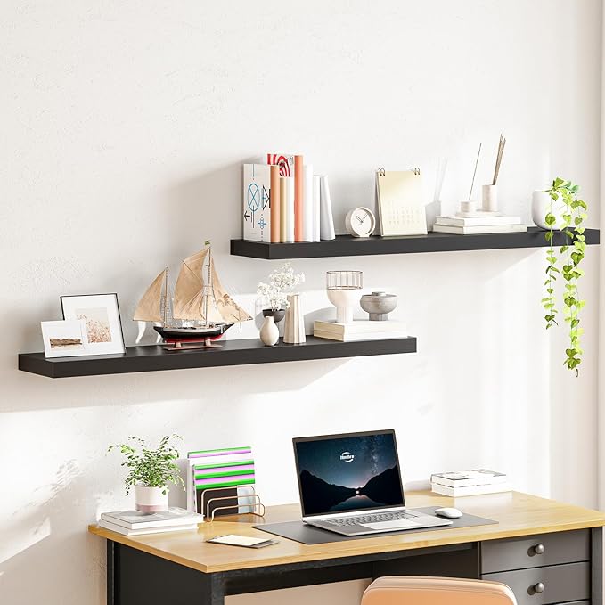 HOOBRO Floating Shelves for Wall, Wall Mounted Shelf Set of 2, 47.2" Hanging Shelf with Invisible Brackets, for Wall in Bathroom, Bedroom, Toilet, Kitchen, Living Room, Office, Black BK120BJP201-NeatNest