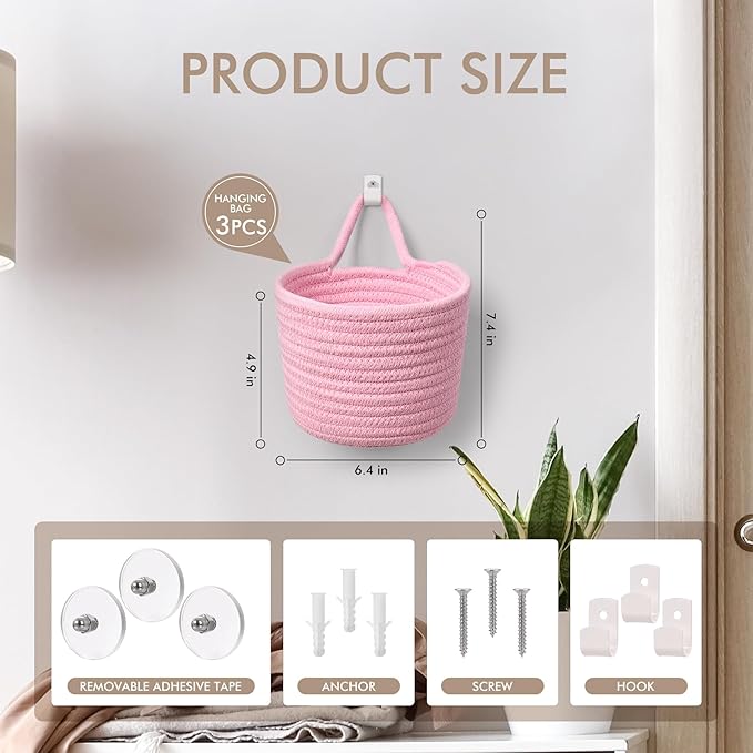 Fabric Wall Hanging Baskets - 3Pack Woven Pouchs Boho Style Wall Mounted Bag with Adhesive Hooks, Storage Organizers and Decoration Pocket Caddy Bins on Door Rack (Bright Pink & White, Large)