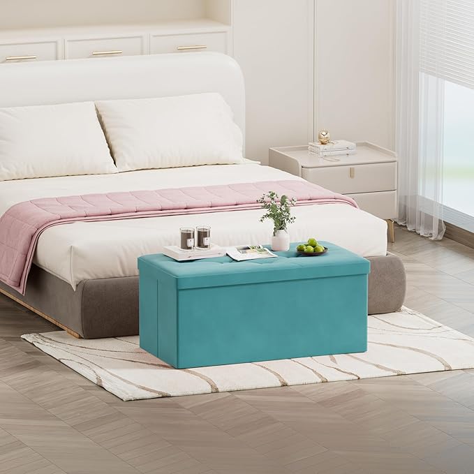 BRIAN & DANY Folding Storage Ottoman Bench, Ottoman with Storage, Foot Rest, Benches Seat for Bedroom, Living Room, Entryway, Long Shoes Bench, 15.7" x 31.5" x 15.7" Teal-NeatNest