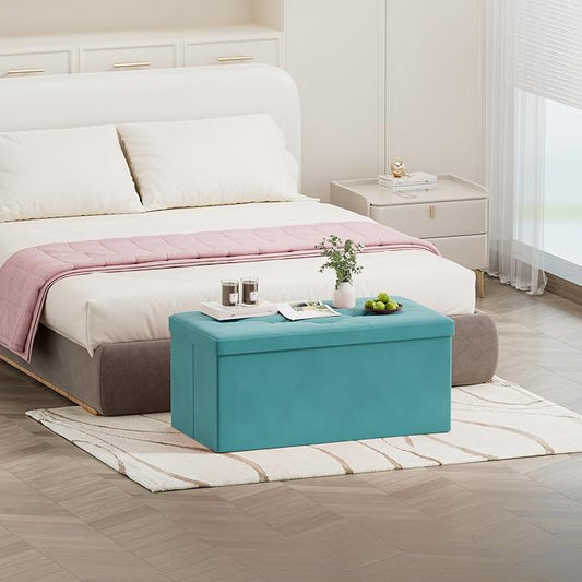 BRIAN & DANY Folding Storage Ottoman Bench, Ottoman with Storage, Foot Rest, Benches Seat for Bedroom, Living Room, Entryway, Long Shoes Bench, 15.7" x 31.5" x 15.7" Teal-NeatNest