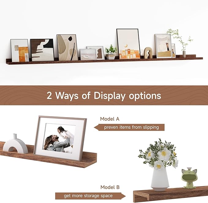 Floating Picture Ledge Shelves for Wall Set of 2, 72 Inches Picture Ledge Shelf with Long Large Nursery Book Shelf for Toys Storage Kids Bookshelf Wall Mounted Living Room Bedroom Decor Frames, Walnut-NeatNest