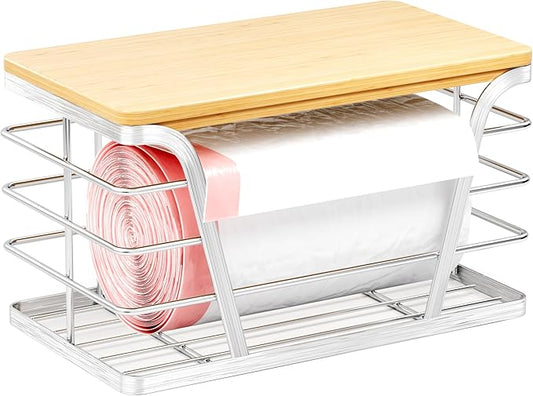 Trash Bag Dispenser with Bamboo Top for Kitchen Storage Organization,Stackable Storage Organizer 304 Stainless Steel Trash Bag Holder under Sink