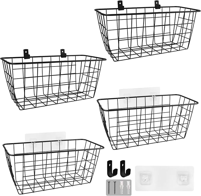 LIGHT DUST Wire Hanging Wall Basket, 4 Black Baskets Set, Adhesive Wall Mount Organizer for Pantry Kitchen RV Bathroom Cabinet Storage Organization-NeatNest