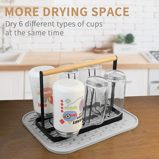 Cup Drying Rack Stand,Beer Glasses Rack 6 Cup Metal Drainer Holder Rack Non-Slip Mugs Cups Organizer with Wood Handle, Black-NeatNest
