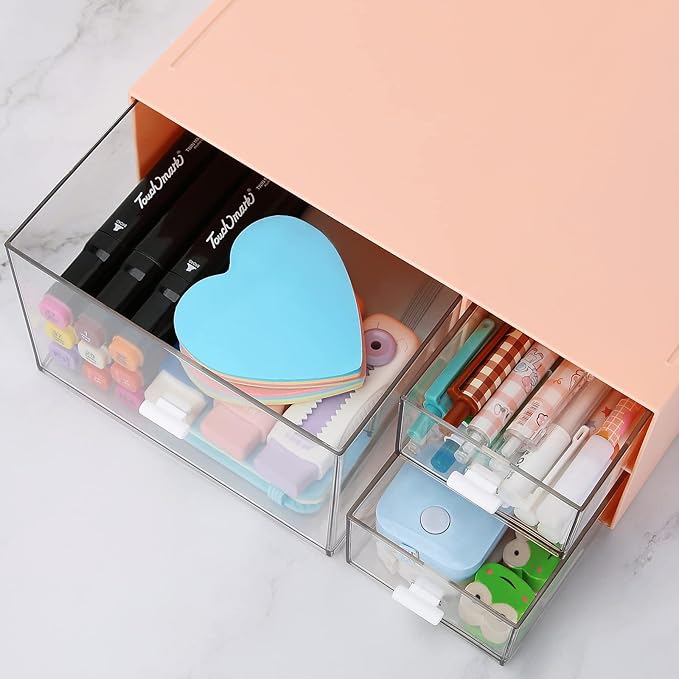 LETURE Desk Office Stationery Organizer with 3 Drawers, Desktop Vanity Makeup Organizer, Plastic Sundries Cosmetic Storage Organizer for Bathroom Counter or Dresser (Pink-3 Drawer)-NeatNest