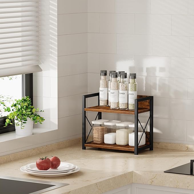 Giikin Countertop Shelf Organizer, 2 Tier Kitchen Spice Rack for Countertop, Wood Coffee Counter Shelf Organizer for Home (Brown, S)-NeatNest