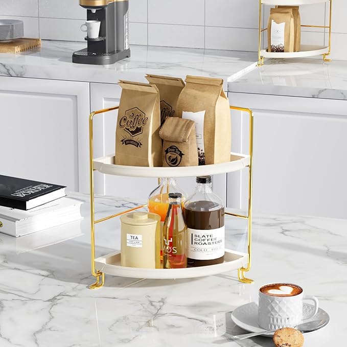 FSyueyun 2-Tier Corner Bathroom Counter Organizer, Tool-Less Installation Vanity Shelf Small Plastics Countertop Makeup Tray Skincare Perfume Organizers (Gold)-NeatNest