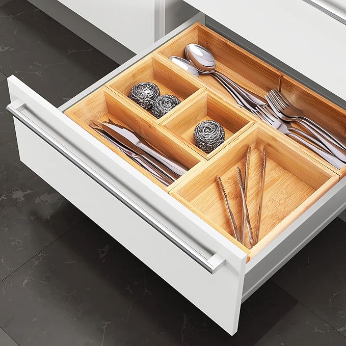 Fabsome Bathroom Drawer Organizer, Bamboo Box Bin for Junk Vanity Desk Makeup Drawer, Small Wooden Container Tea Storage Organization Tray for Kitchen Office, Set of 5
