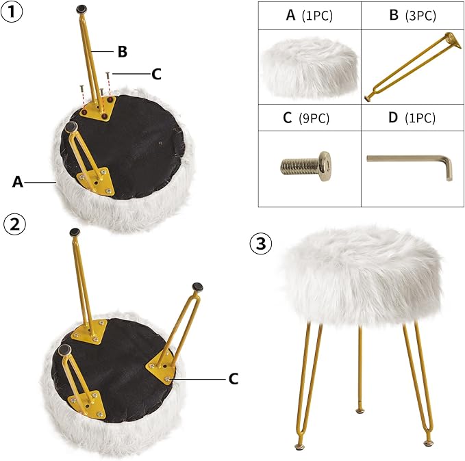 IBUYKE Faux Fur Vanity Stool Chair, Furry Makeup Stool Ottoman, Soft Padded Seat, Round Footrest Footstools with 4 Metal Legs, for Living Room Bedroom Entryway, White LG-32W