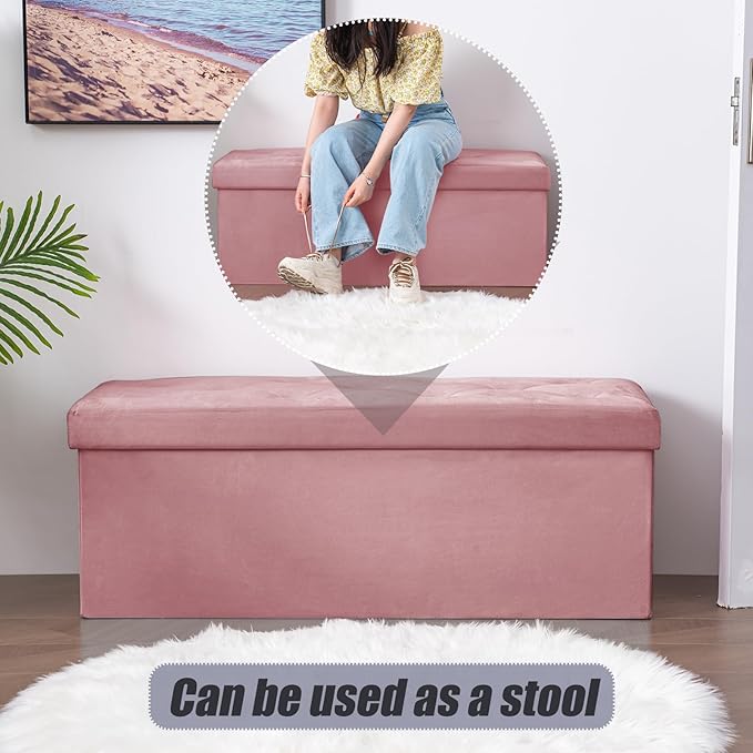 BRIAN & DANY 43 Inches Folding Storage Ottoman Bench, Velvet Ottoman with Storage for Living Room, Long Shoes Bench,Flannelette Footrest Benches Seat (Hot Pink)-NeatNest