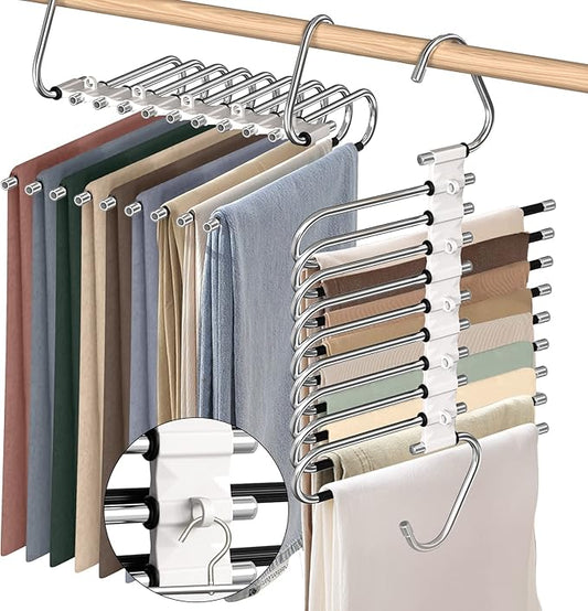 9 Layers Pants Hangers Space Saving, 2 Pack Multifunctional Pant Rack Stainless Steel Closet Organizer for Pants Jeans Leggings Trousers, Antiquewhite-NeatNest