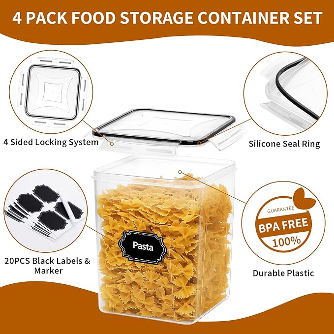 4 Pack Large Airtight Food Storage Containers with Lids (5.2L / 176oz), BPA Free Plastic Kitchen and Pantry Organization Contianers for Cereal Flour and Sugar Storage, Labels & Marker-NeatNest