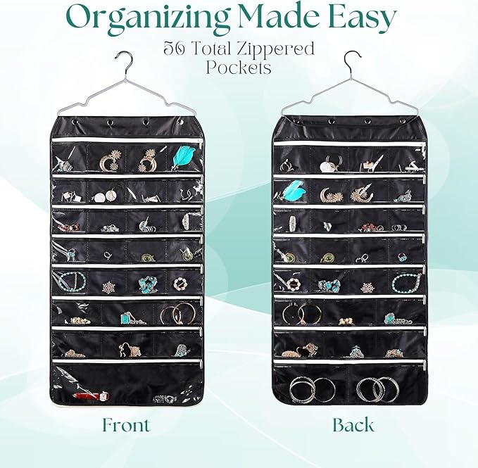 Flexzion Hanging Jewelry Organizer with Zippered Pockets - (1 Pack) Black Closet Jewelry Organizer Storage with Hanger, 56 Pockets Dual Sided Earring Organizer Hanging for Bracelets, Watches, Ring-NeatNest
