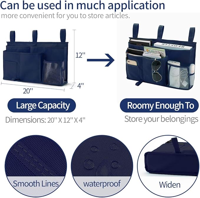 Bseash Bunk Bed Organizer, Bedside Caddy Hanging Bed Organizer Storage Bag 8 Pockets, for College Dorm Rooms Bed, Hospital Bed, Baby Bed Rails, 600D Oxford Cloth (Navy Blue)-NeatNest