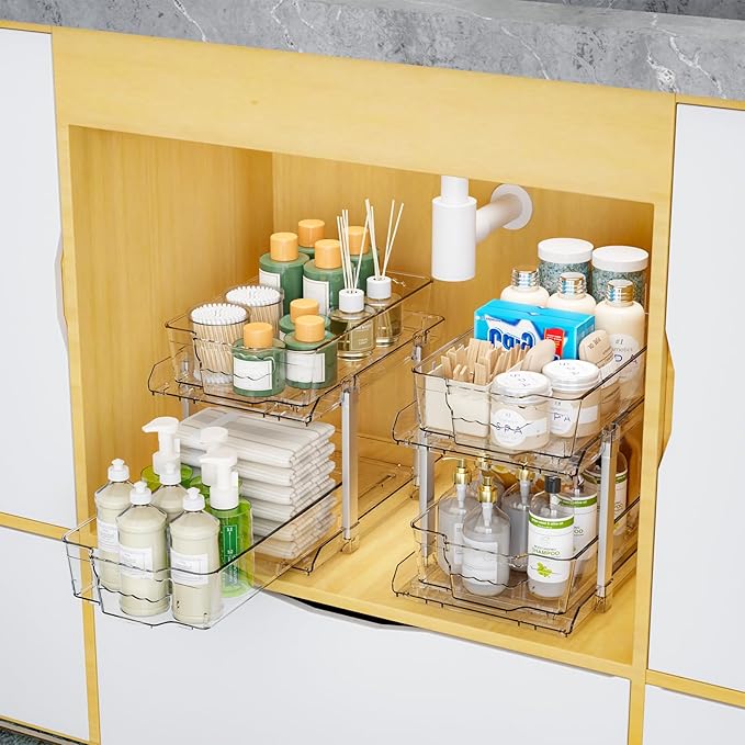 Yieach 2 Pack 2 Tier Bathroom Under Sink Organizer With Track,12.8 Inch Tall Under Cabinet Organizer,Clear Undersink Pull Out organizer for Kitchen,Vanity,Counter,Vanity,Medicine,Makeup,Hair Products-NeatNest