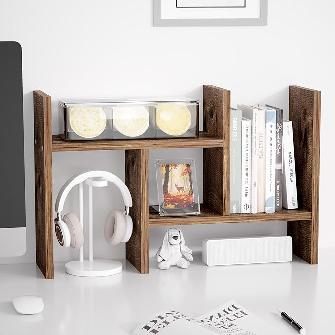 Jerry & Maggie Desktop Organizer Office Storage Rack Adjustable Wood Display Shelf Free Style Double H, Multi-Functional Mini Bookshelf for Desk Natural Stand (Natural Wood Tone)-NeatNest