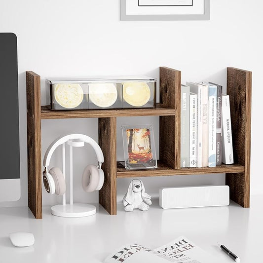 Jerry & Maggie Desktop Organizer Office Storage Rack Adjustable Wood Display Shelf Free Style Double H, Multi-Functional Mini Bookshelf for Desk Natural Stand (Natural Wood Tone)-NeatNest