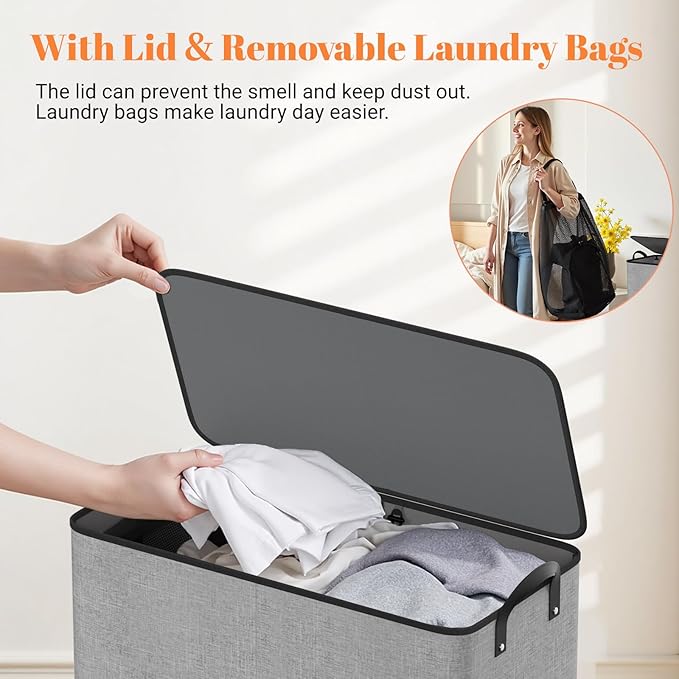 Large Double Laundry Hamper with Lid, Removable Bags & Reinforced Handles, 2 Section Tall Laundry Basket, Dirty Clothes Hampers for Laundry Room, Bedroom, Bathroom, Dorm, 136L, Gray-NeatNest