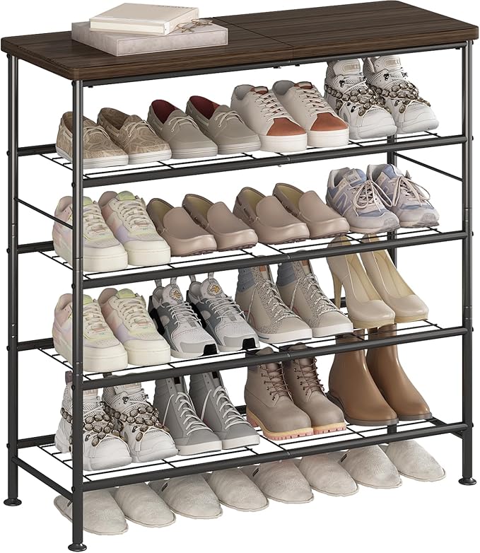 Shoe Rack Organizer 5 Tier for Closet Entryway Free Standing Metal Storage Shoe Shelf with MDF Top Board，Black+Rustic Brown-NeatNest