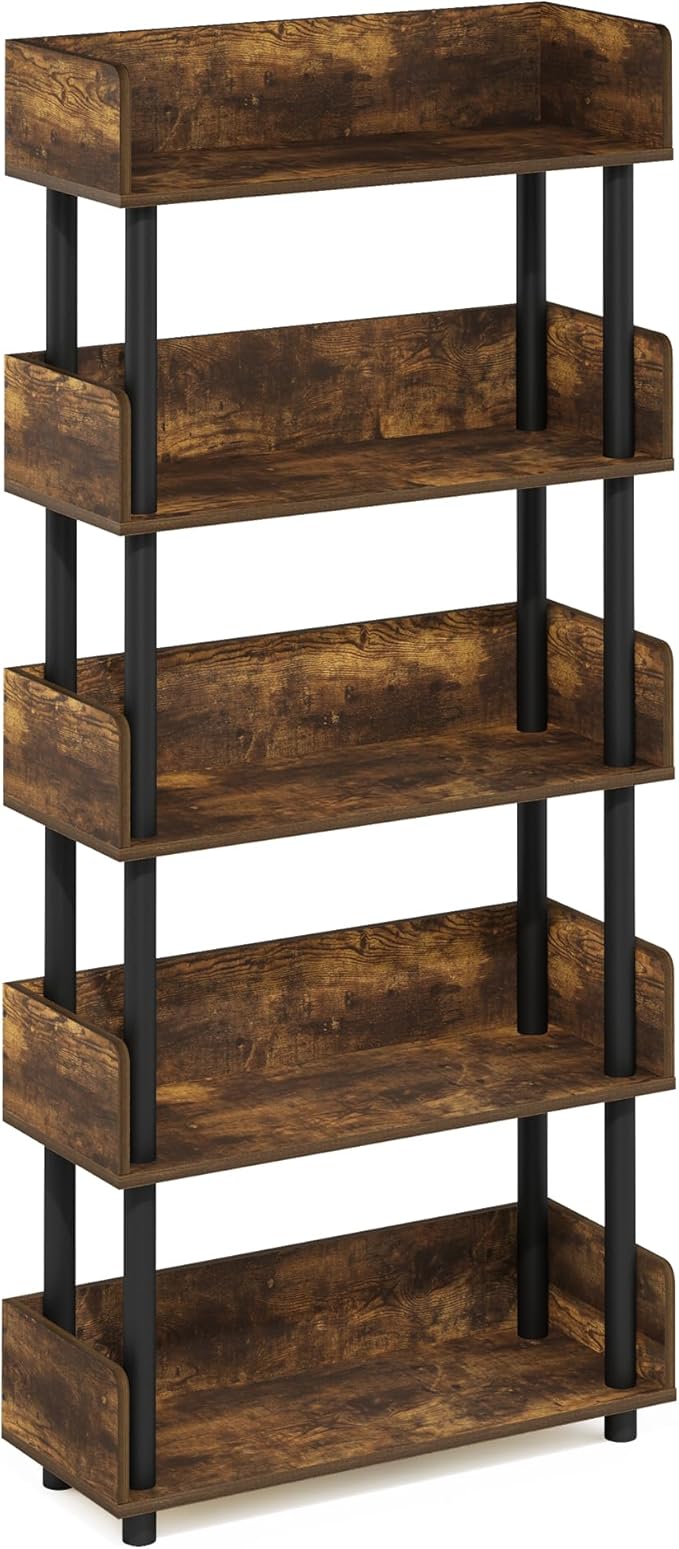 Furinno Turn-N-Tube 5-Tier Multipurposes Display Rack, Open Shelf Rack/Storage with Back & Side Panel, Amber Pine/Black-NeatNest