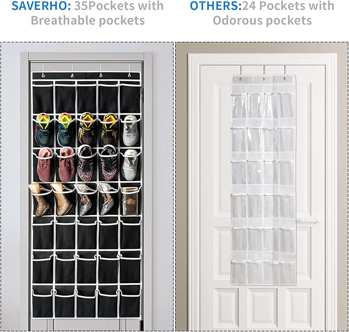 35 Pockets Over the Door Shoe Organizer, Hanging Shoe Organizer for Door with 35 Mesh Pockets Large Capacity Shoe Hanging Storage Bag with 4 Metal Hooks (Black-1Pack)-NeatNest