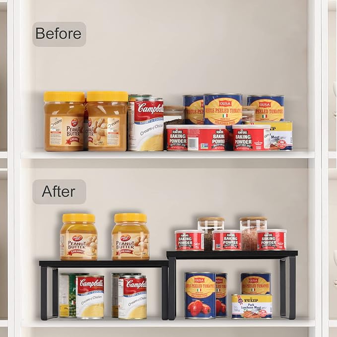 Counter Shelf Organizer Set of 2, Wood Kitchen Cabinet Shelves, Expandable Cabinet Organizer, Stackable Countertop Storage Rack for Bathroom Pantry, Black-NeatNest