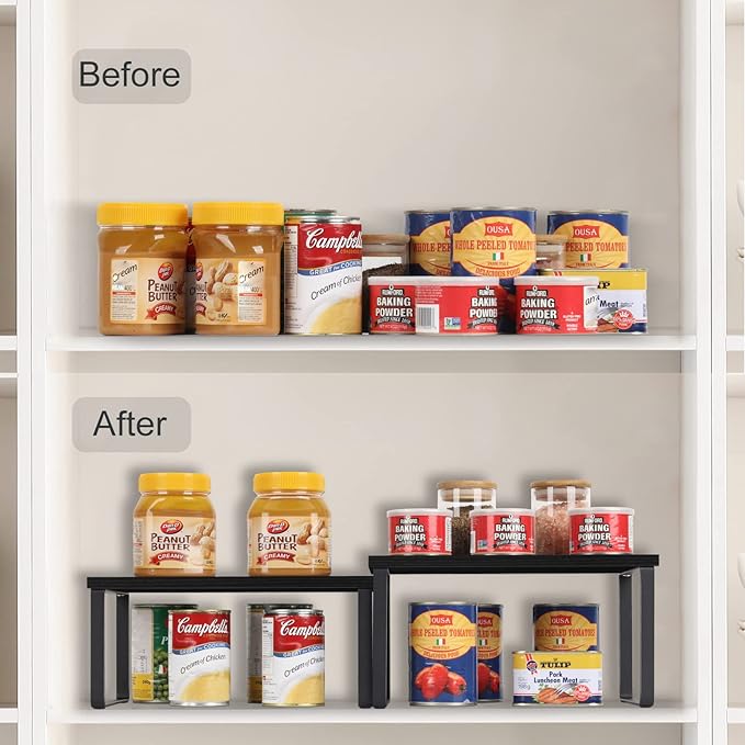 CADUKE Set of 4 Kitchen Counter Shelves Stackable Shelf Organizer Wood Countertop Shelf Expandable Cabinet Shelf Organizers Countertop Storage Rack for Pantry, Industrial Black-NeatNest