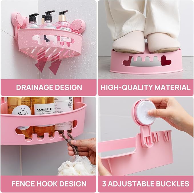 LEVERLOC Corner Shower Caddy Suction Cup, shower shelves suction cup, 2 Pack Basket Powerful Bathroom, Waterproof & Oil-proof Organizer for Kitchen, No-Drilling Removable (Pink)