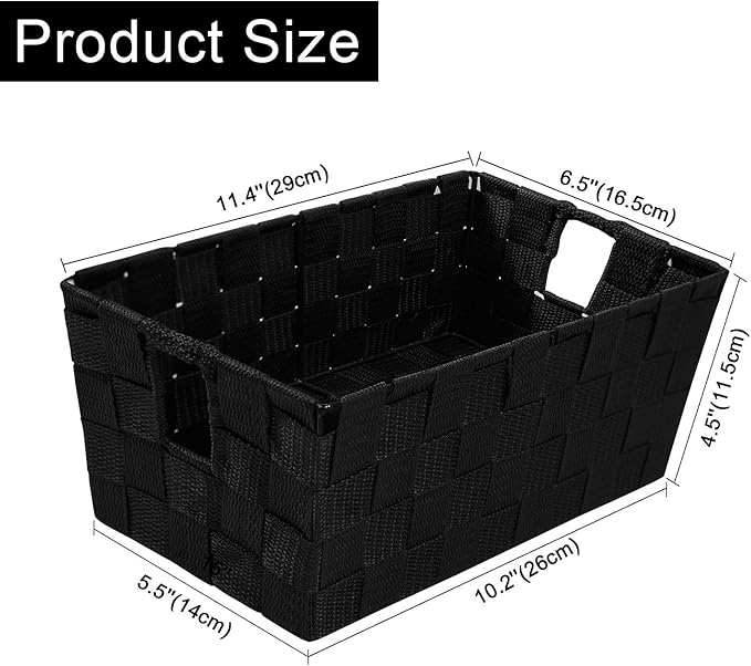 homyfort Woven Black Storage Baskets Shelf Tote Boxes Container, Durable Storage Organizer Bins with Built-in Handles for Bedroom, Office, Closet, Kids Room, Nursery, 3-Pack,11.4”x 6.5”x 4.5”-NeatNest