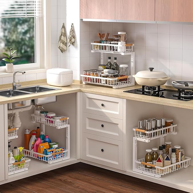 Under Sink Organizer Storage 1 pack, 2 Tier Slide Out Height Adjustable Pull Out Cabinet Organizer Drawers, Kitchen Bathroom Large Capacity Metal Under Sink Rack Caddy Basket Shelves, White-NeatNest