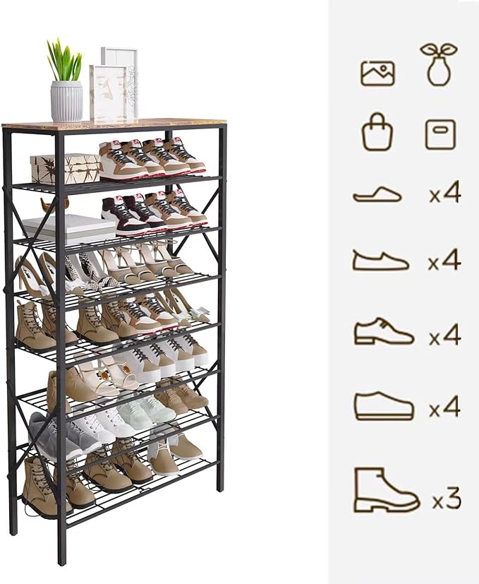 8-Tier Metal Shoe Rack for 32 Pairs, Heavy-Duty Shoe Organizer with Rustic Wooden Top, Space-Saving Entryway Shoe Storage for Closet, Garage, Hallway, Bedroom, Black & Rustic Brown-NeatNest