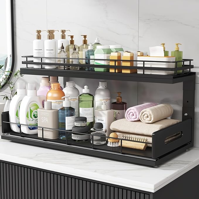 2 Pack 21 IN Depth Pull Out Cabinet Storage With Smooth Rails,2-Tier Dual Pull Out Cabinet Storage For Bathroom Kitchen,Under Sink Shelf-Black-NeatNest